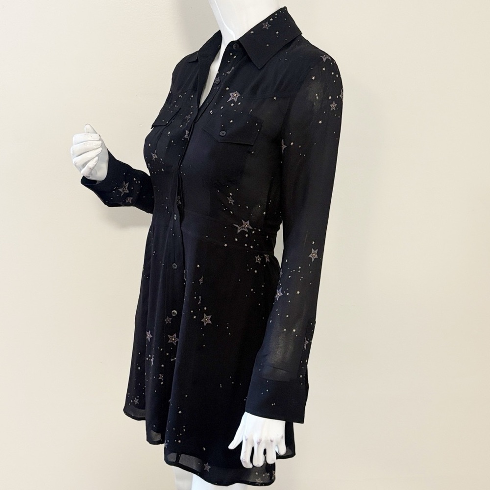 A.L.C. Silk Black Star Celestial Print Long Sleeve Button Down Mini Dress - Picture 3 of 7